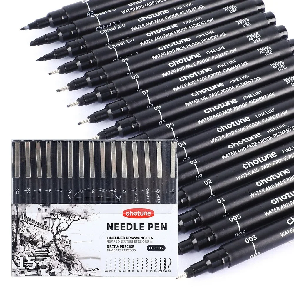 Correction Pen Fine - Micro canetas pretas, 15 tamanhos, tinta